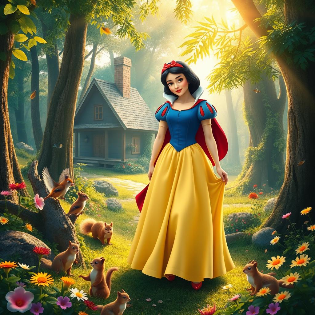 A captivating scene inspired by the Snow White movie, showcasing Snow White in her signature outfit with a blue bodice, yellow skirt, and red cape, standing in a magical forest