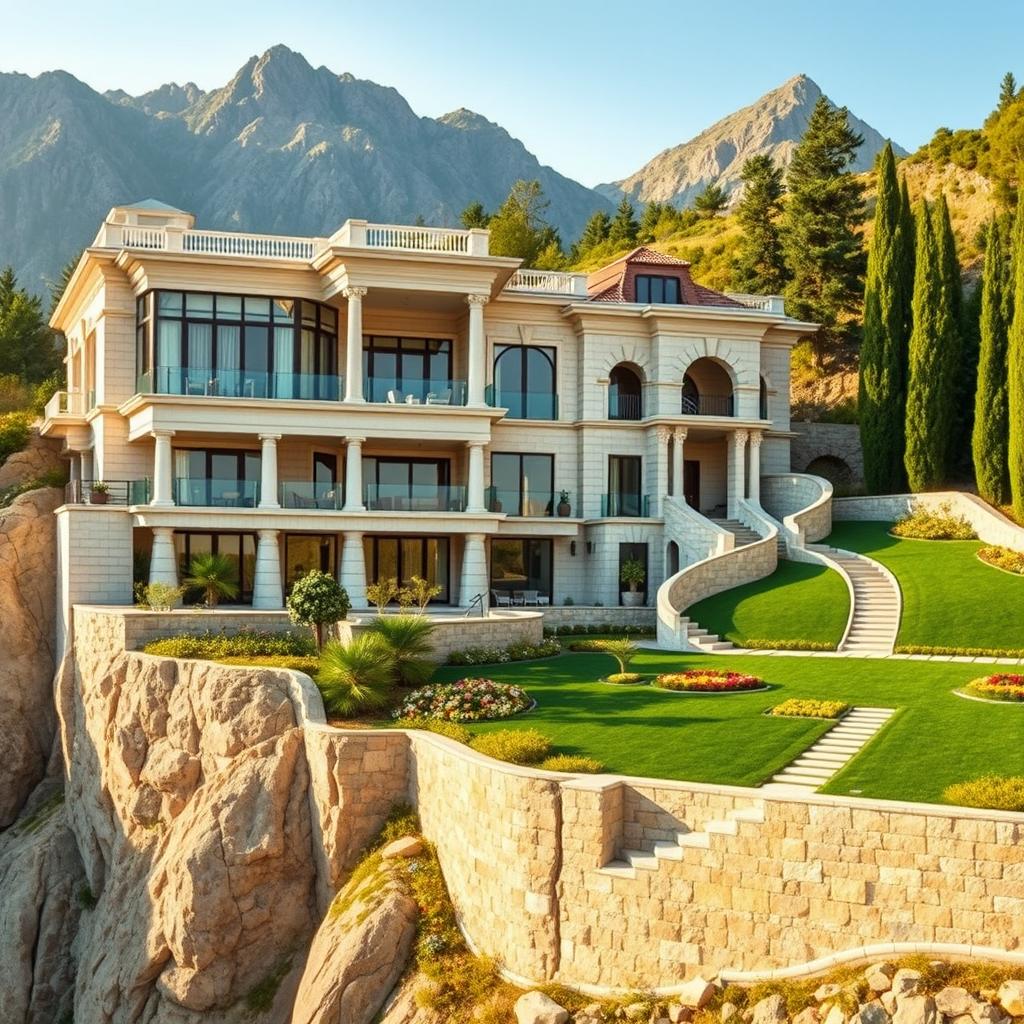 A luxurious duplex house located on the slopes of tall mountains, set upon a 4-meter high concrete wall