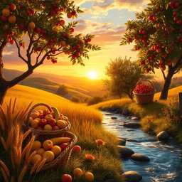 An enchanting scene depicting the theme of abundance and prosperity, featuring a bountiful harvest with overflowing baskets of Fruit, golden wheat fields swaying gently in the breeze, and flourishing trees laden with ripe fruit