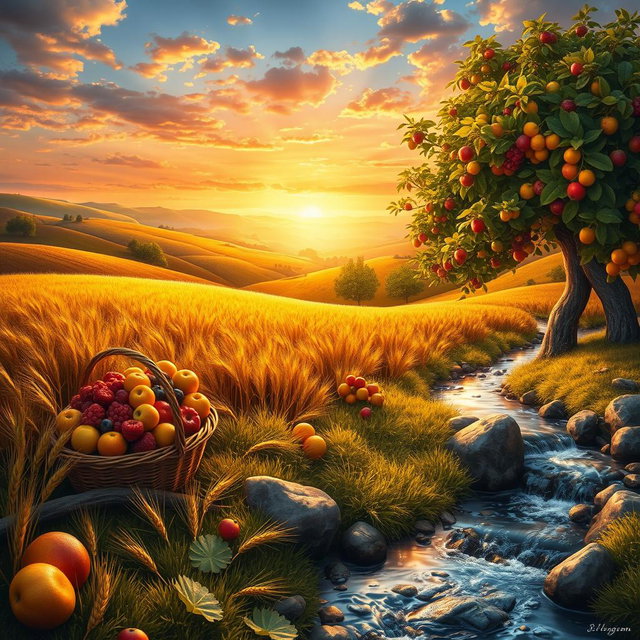 An enchanting scene depicting the theme of abundance and prosperity, featuring a bountiful harvest with overflowing baskets of Fruit, golden wheat fields swaying gently in the breeze, and flourishing trees laden with ripe fruit