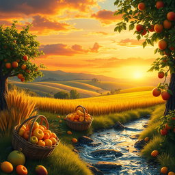 An enchanting scene depicting the theme of abundance and prosperity, featuring a bountiful harvest with overflowing baskets of Fruit, golden wheat fields swaying gently in the breeze, and flourishing trees laden with ripe fruit