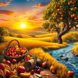An enchanting scene depicting the theme of abundance and prosperity, featuring a bountiful harvest with overflowing baskets of Fruit, golden wheat fields swaying gently in the breeze, and flourishing trees laden with ripe fruit