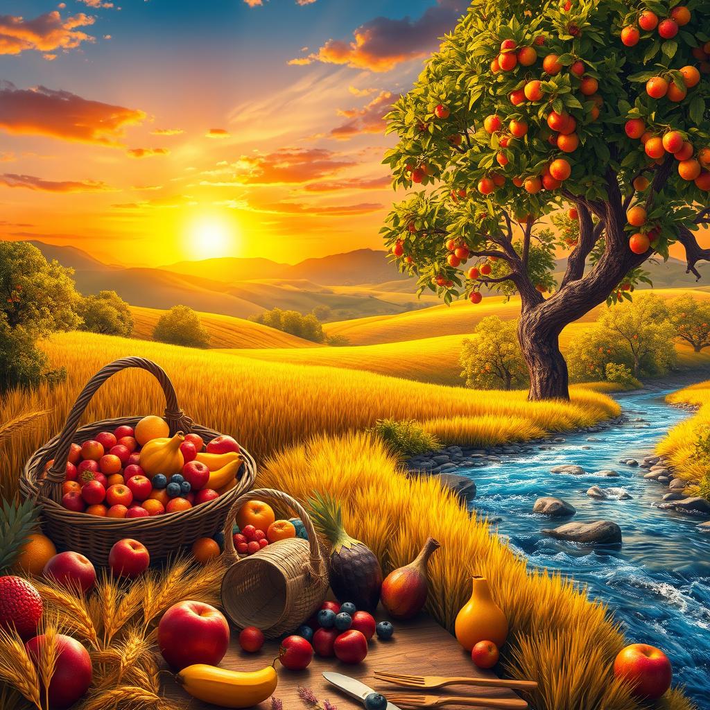 An enchanting scene depicting the theme of abundance and prosperity, featuring a bountiful harvest with overflowing baskets of Fruit, golden wheat fields swaying gently in the breeze, and flourishing trees laden with ripe fruit