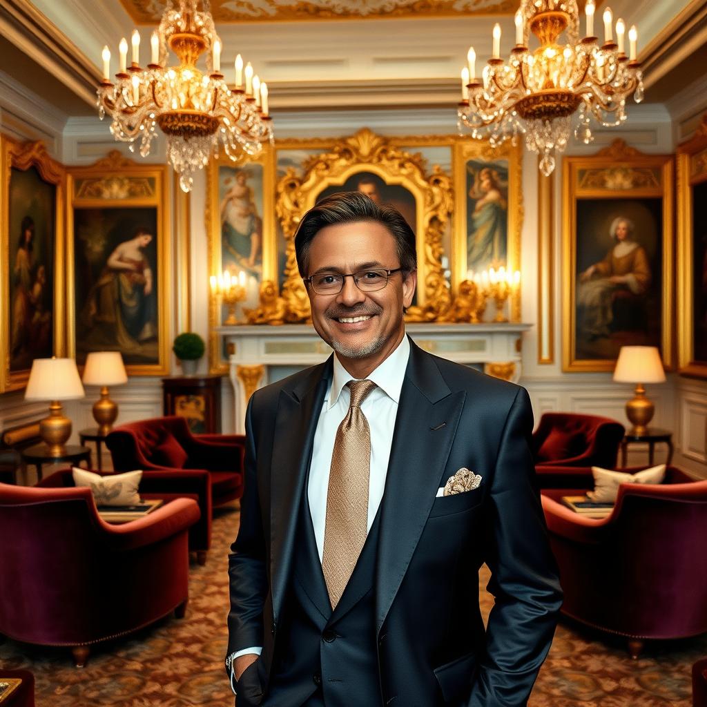 A wealthy individual surrounded by luxury, wearing an elegant suit, smiling confidently while standing in a lavish room decorated with exquisite art and golden accents