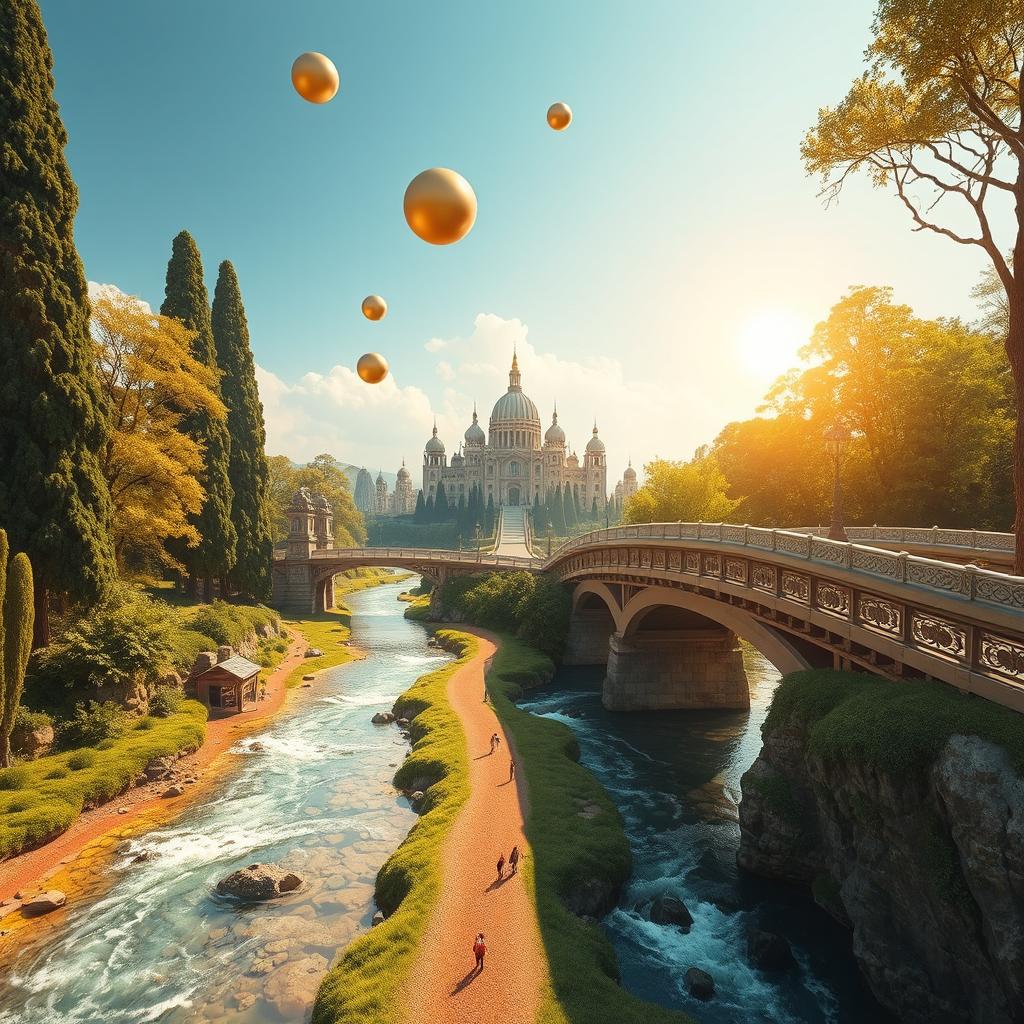 A surreal landscape featuring two parallel rivers: one flowing with clear, sparkling water and the other rich with golden honey