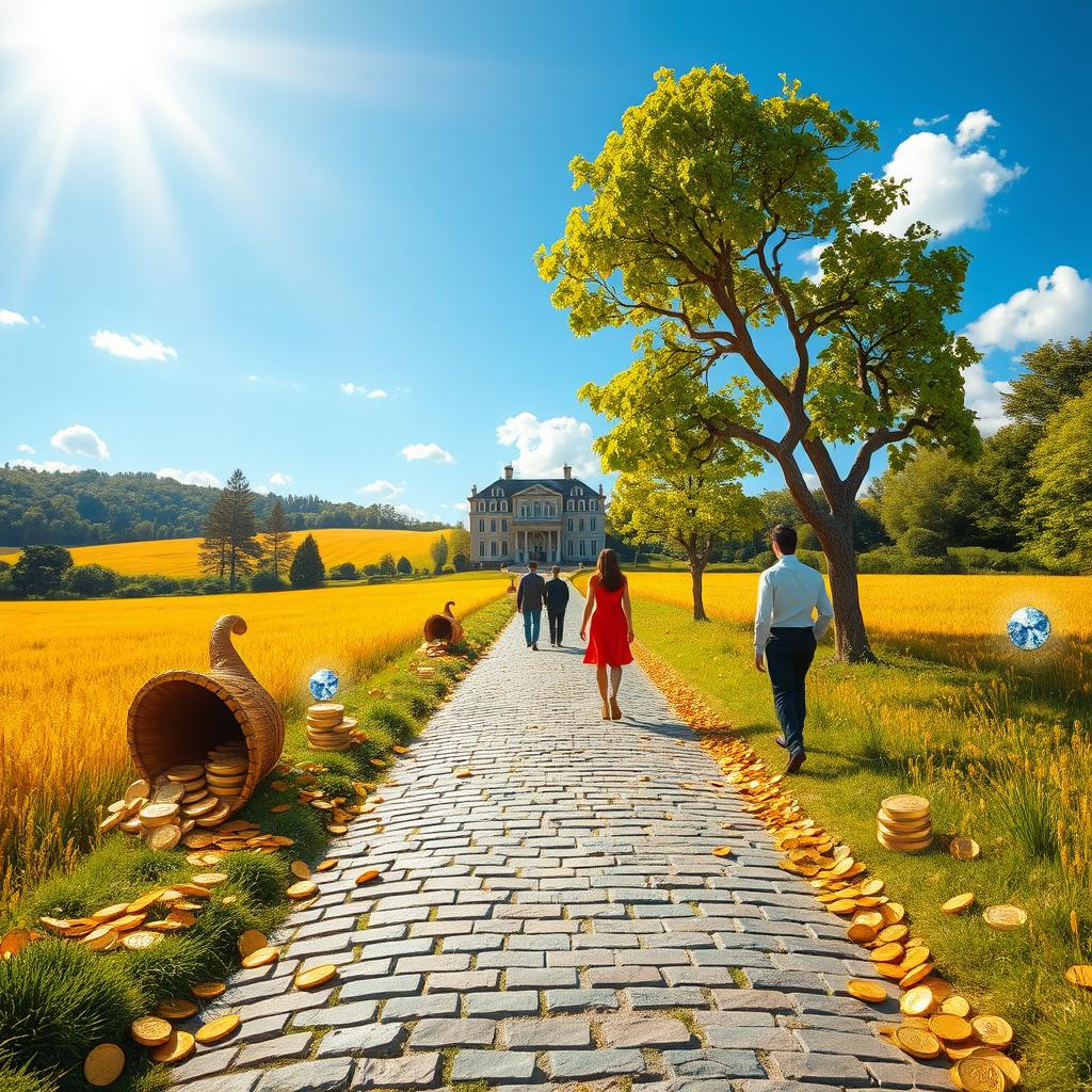 A serene and picturesque path leading to wealth represented by a beautiful landscape filled with golden fields, lush greenery, and a bright blue sky