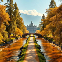 A picturesque landscape featuring two parallel rivers: one flowing with clear water and the other with shimmering honey