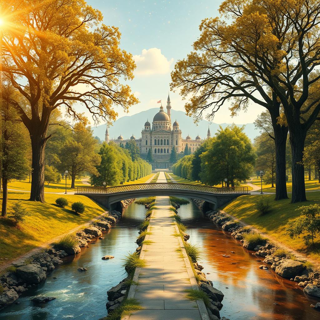 A picturesque landscape featuring two parallel rivers: one flowing with clear water and the other with shimmering honey