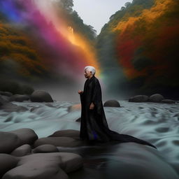 A senior Asian man dressed in avant-garde black conceptual clothing, positioned comfortably amidst a flowing river of vibrant rainbows