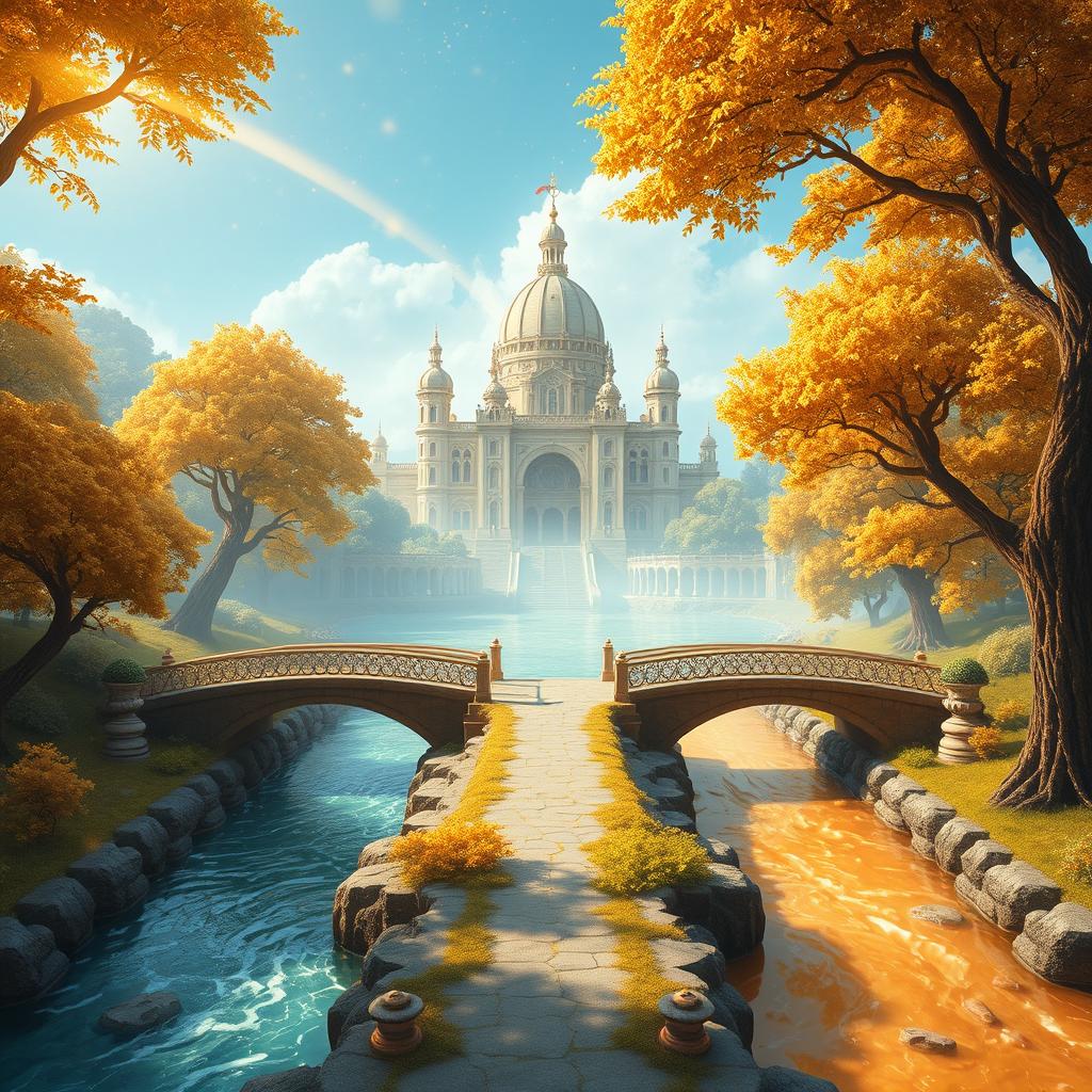 A fantastical landscape featuring two parallel rivers, one made of crystal clear water and the other flowing with shimmering honey