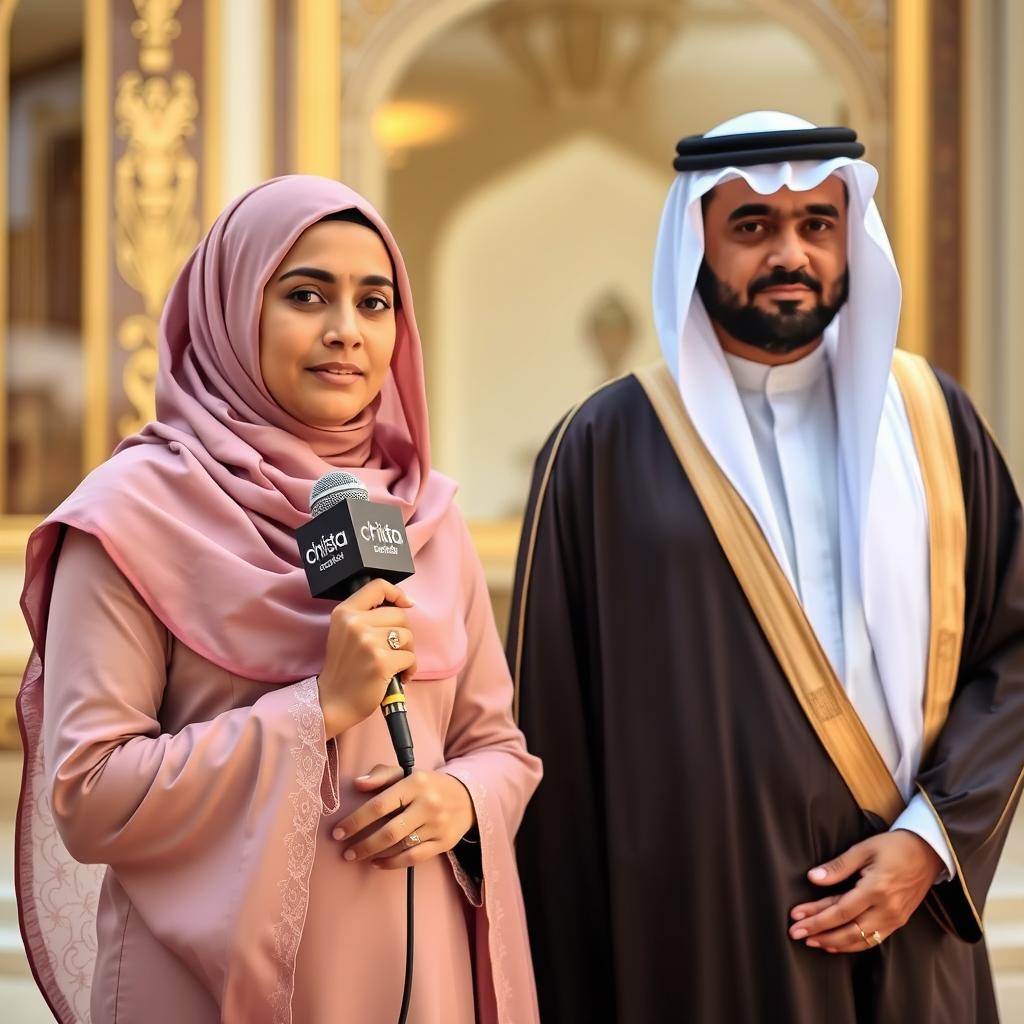 A person wearing an elegant Arab abaya and a matching headscarf stands confidently next to the Emir of Qatar
