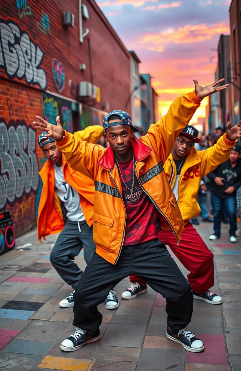 A vibrant, nostalgic 90s hip-hop scene featuring a group of dynamic young male dancers showcasing impressive breakdancing moves on a colorful urban street