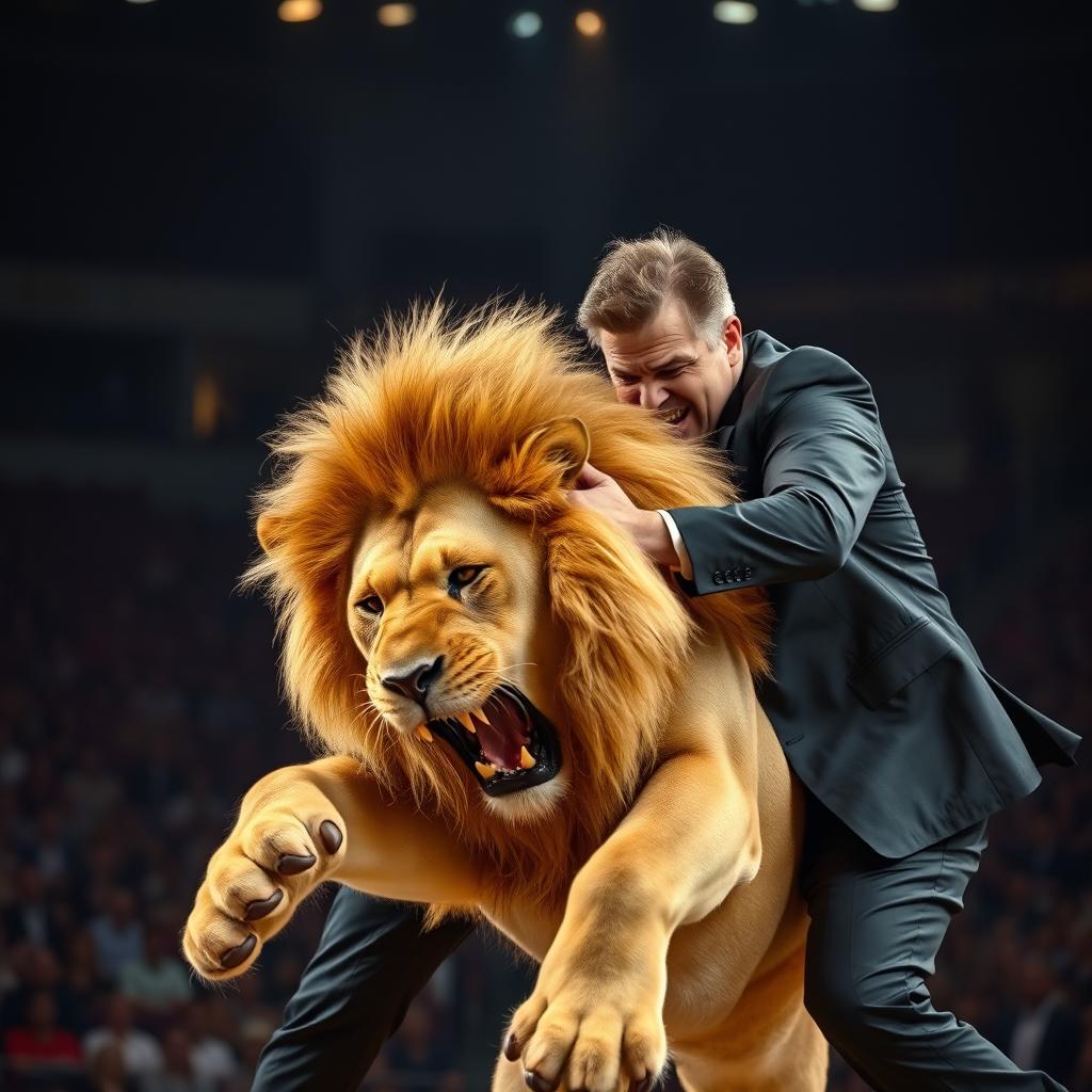 A person in a sharp suit wrestling with a fierce lion in a dynamic pose, showcasing strength and determination