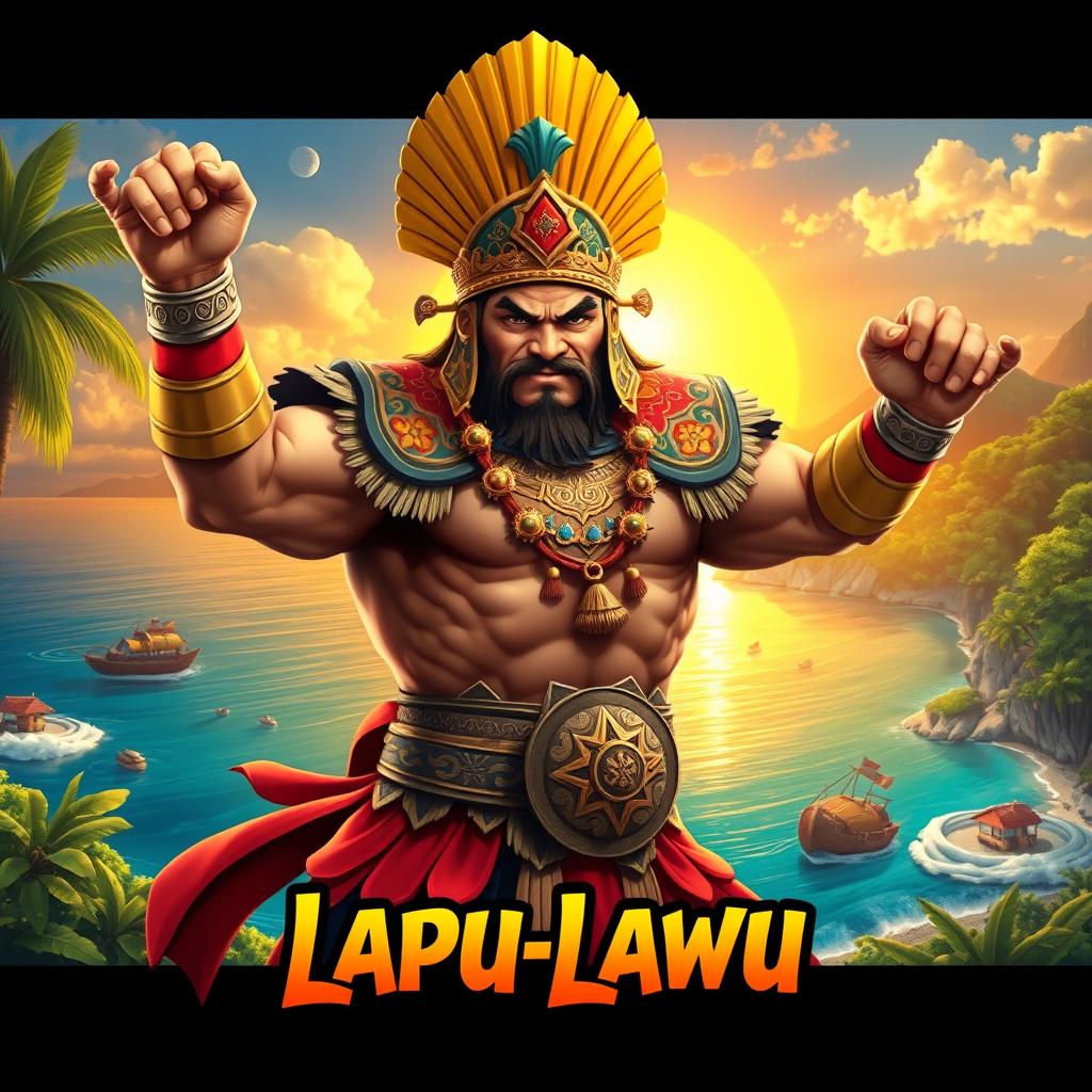A vibrant and dynamic image of Lapu-Lapu, the famed Filipino hero, depicted as a strong and majestic warrior