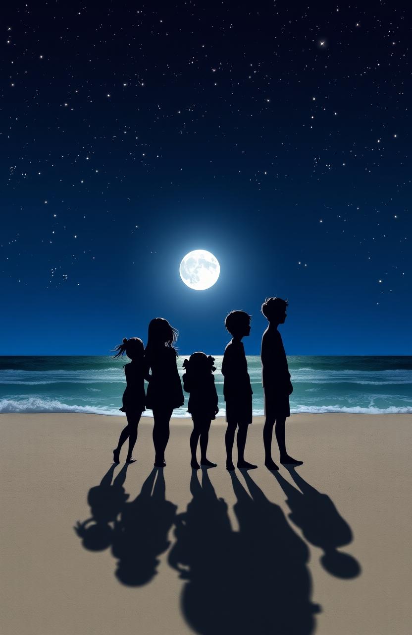 Four shadows on the beach at night, featuring two girls and two boys, all 22 years old