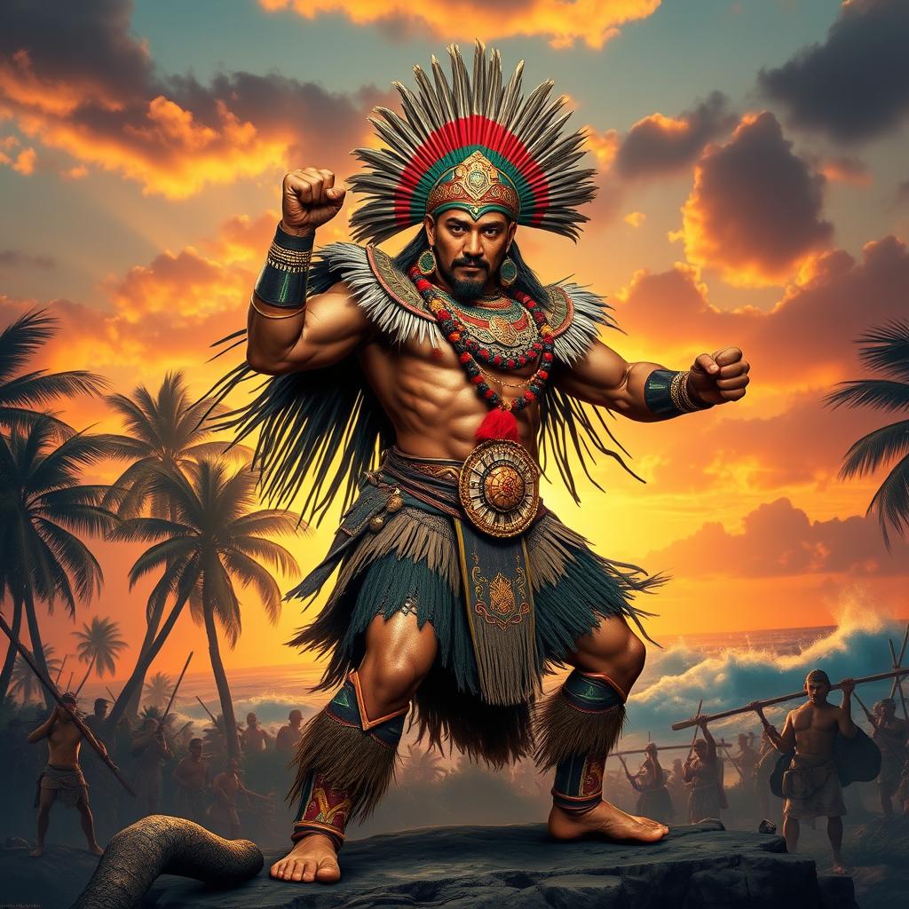 A powerful representation of Lapu-Lapu, the legendary Filipino warrior, standing boldly in a dynamic pose