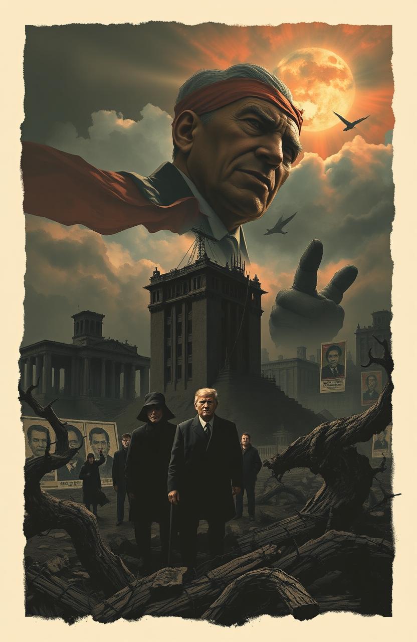 A dystopian landscape depicting the destruction of democracy, featuring dark, foreboding skies and crumbling buildings that symbolize a totalitarian society
