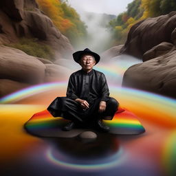 A senior Asian man dressed in avant-garde black conceptual clothing, positioned comfortably amidst a flowing river of vibrant rainbows