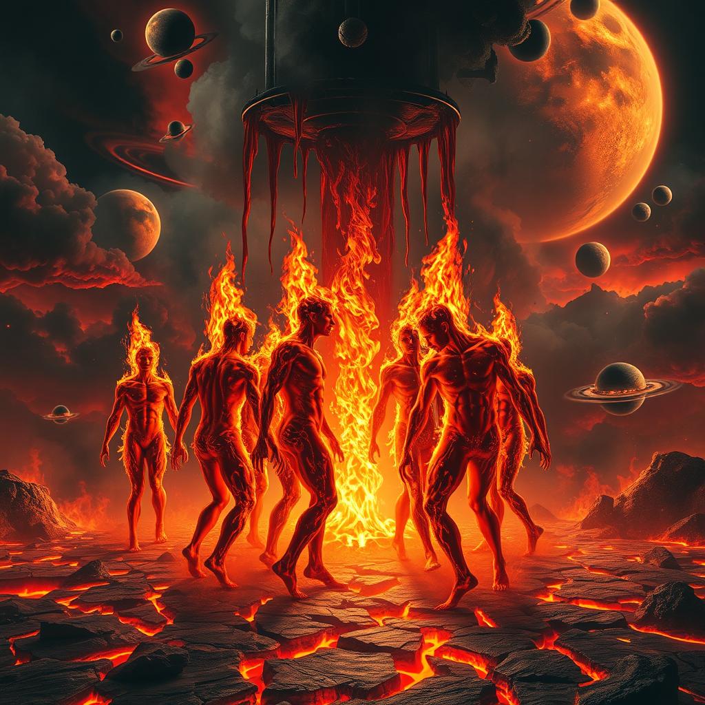 A surreal and dramatic scene depicting humans engulfed in flames, their bodies appearing almost as if they are made of fire itself