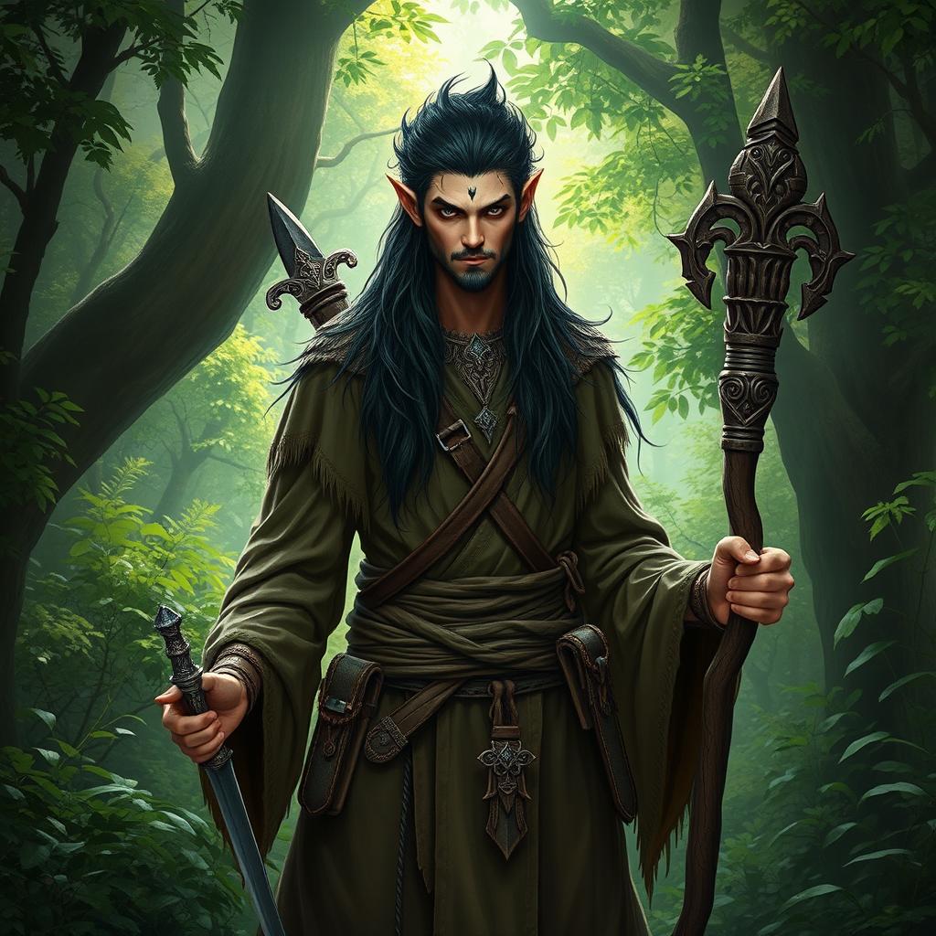 A male Tiefling druid with majestic black hair and striking grey eyes, standing confidently in a lush forest setting