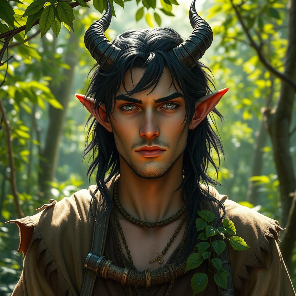 A male tiefling druid, showcasing distinct features such as black hair and striking grey eyes