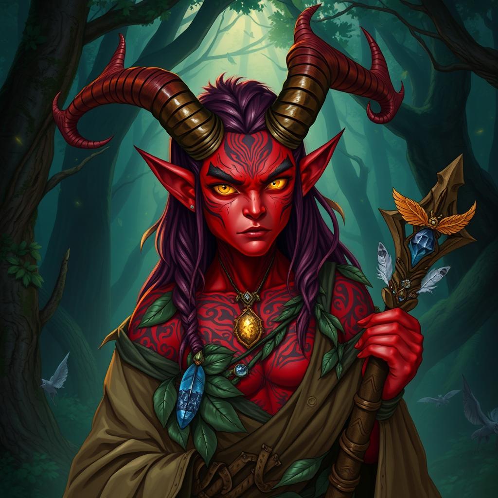 A druid tiefling character with vibrant red skin, adorned with intricate tattoos that glow subtly in the forest light