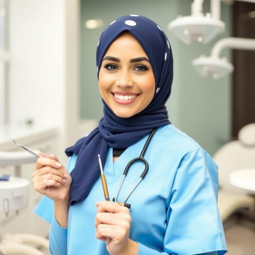 A professional hijabi dentist wearing an elegant hijab in a stylish design, paired with bright blue medical scrubs