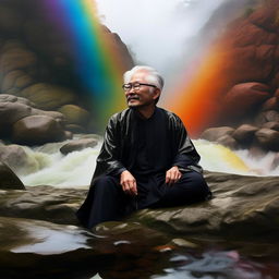 A senior Asian man dressed in avant-garde black conceptual clothing, positioned comfortably amidst a flowing river of vibrant rainbows