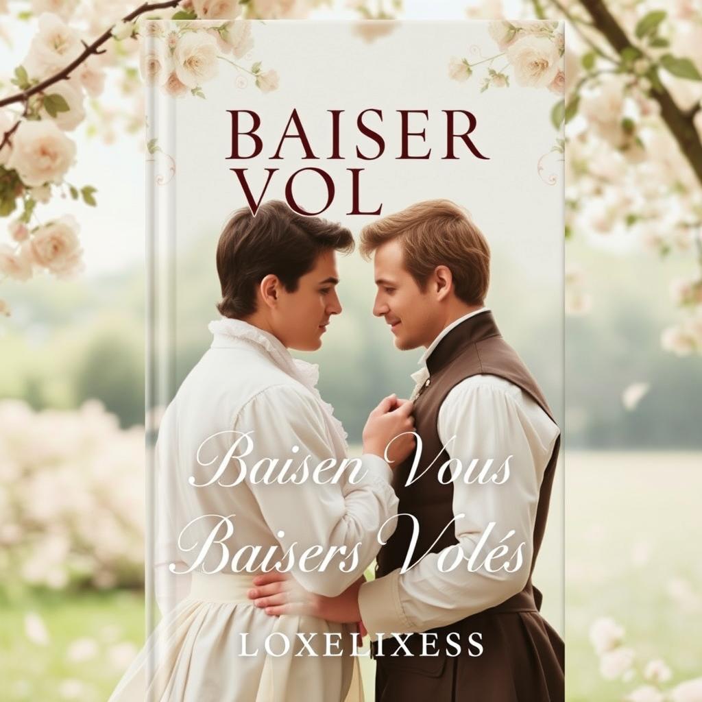 A book cover depicting a subtle romance between two men in the 18th century, featuring soft and light colors like whites and pastels to convey purity