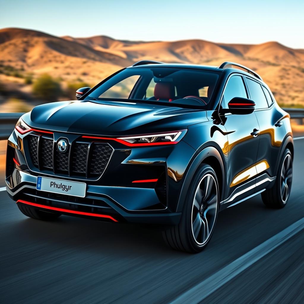 A sleek, modern car with shiny black paint and striking red details, featuring bright LED lights and medium-sized tires