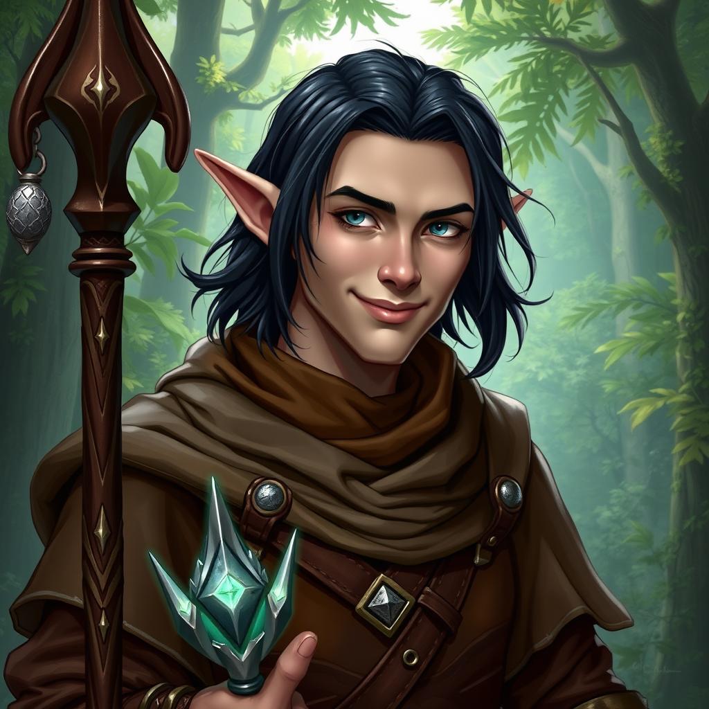 A male Tiefling druid character with a cocky smile, showcasing his confident demeanor