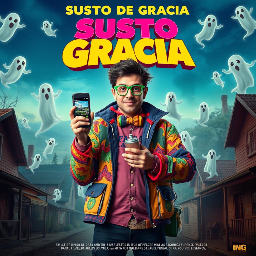 A movie poster for 'SUSTO DE GRACIA', featuring a quirky and flamboyant ghost hunter who is also a TikTok and YouTube influencer
