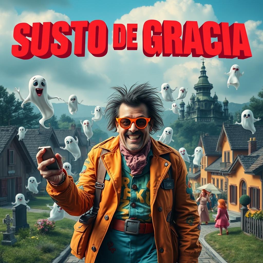 A movie poster for 'SUSTO DE GRACIA', depicting an eccentric ghost hunter who is both a TikTok and YouTube influencer