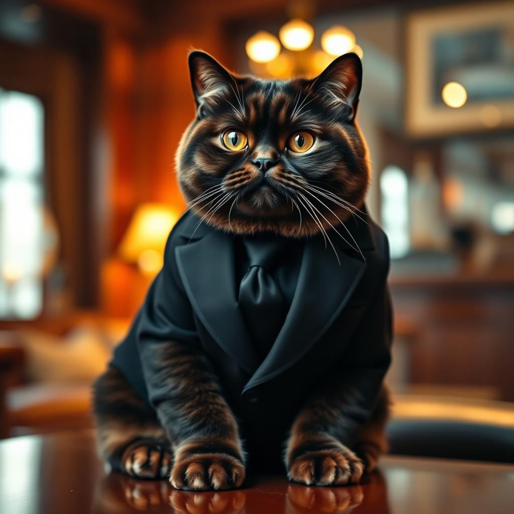 A Scottish Fold cat dressed in a sleek black suit and tie, sitting elegantly with a charming expression