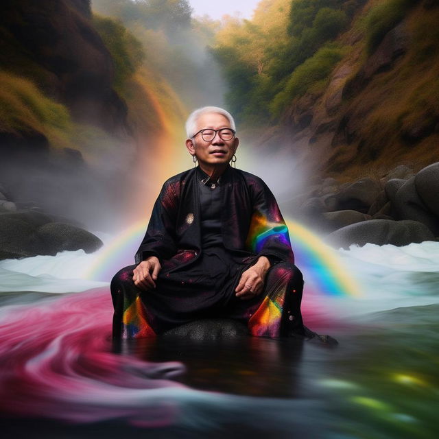 A senior Asian man dressed in avant-garde black conceptual clothing, positioned comfortably amidst a flowing river of vibrant rainbows