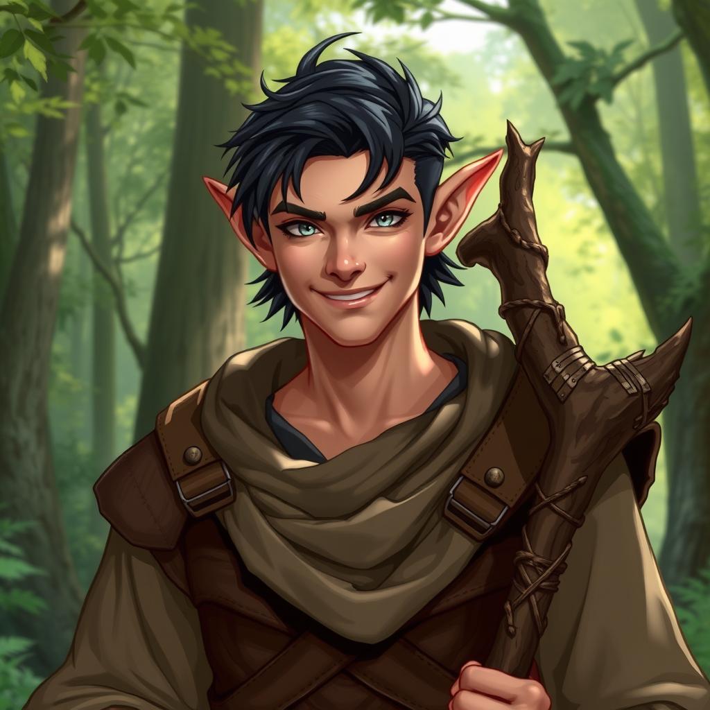 A striking male Tiefling druid character exuding charm with a cocky smile