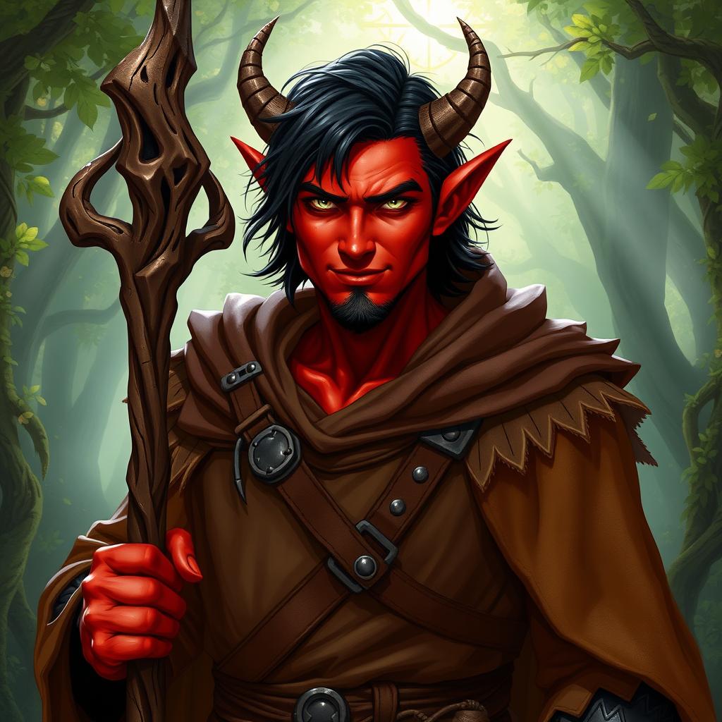 A captivating male Tiefling druid character with distinct features, featuring vibrant red skin and a cocky smile that illustrates his confidence