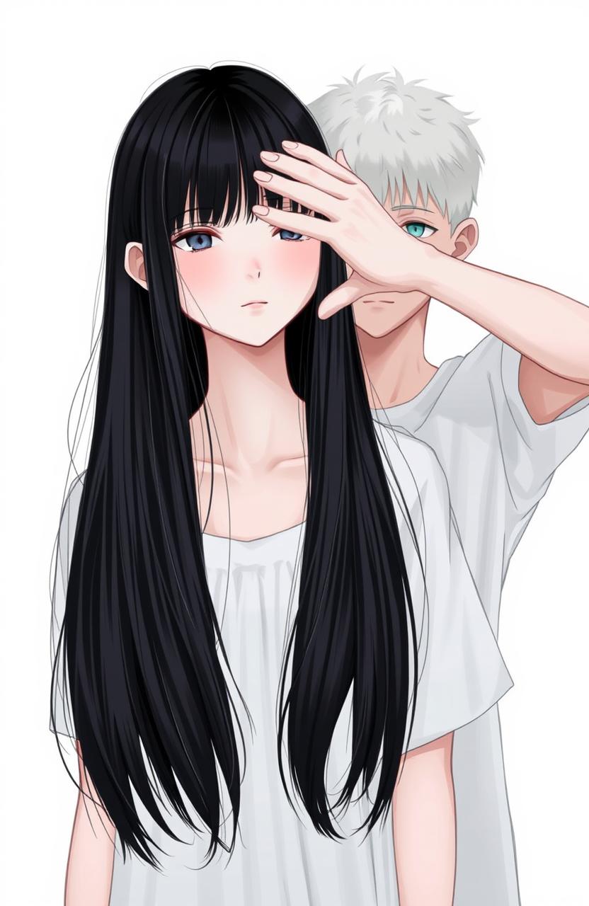 A serene scene featuring a girl standing with long, straight black hair cascading freely onto her shoulders
