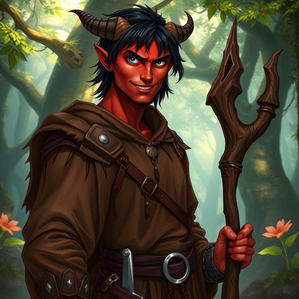 A charismatic male Tiefling druid character featuring small, elegant horns that peek through his medium-length black hair