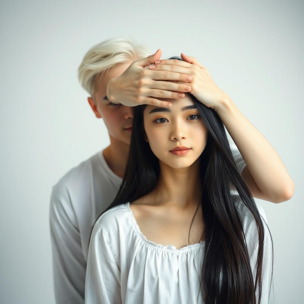 A serene scene featuring a young woman standing with long, straight black hair cascading freely over her shoulders
