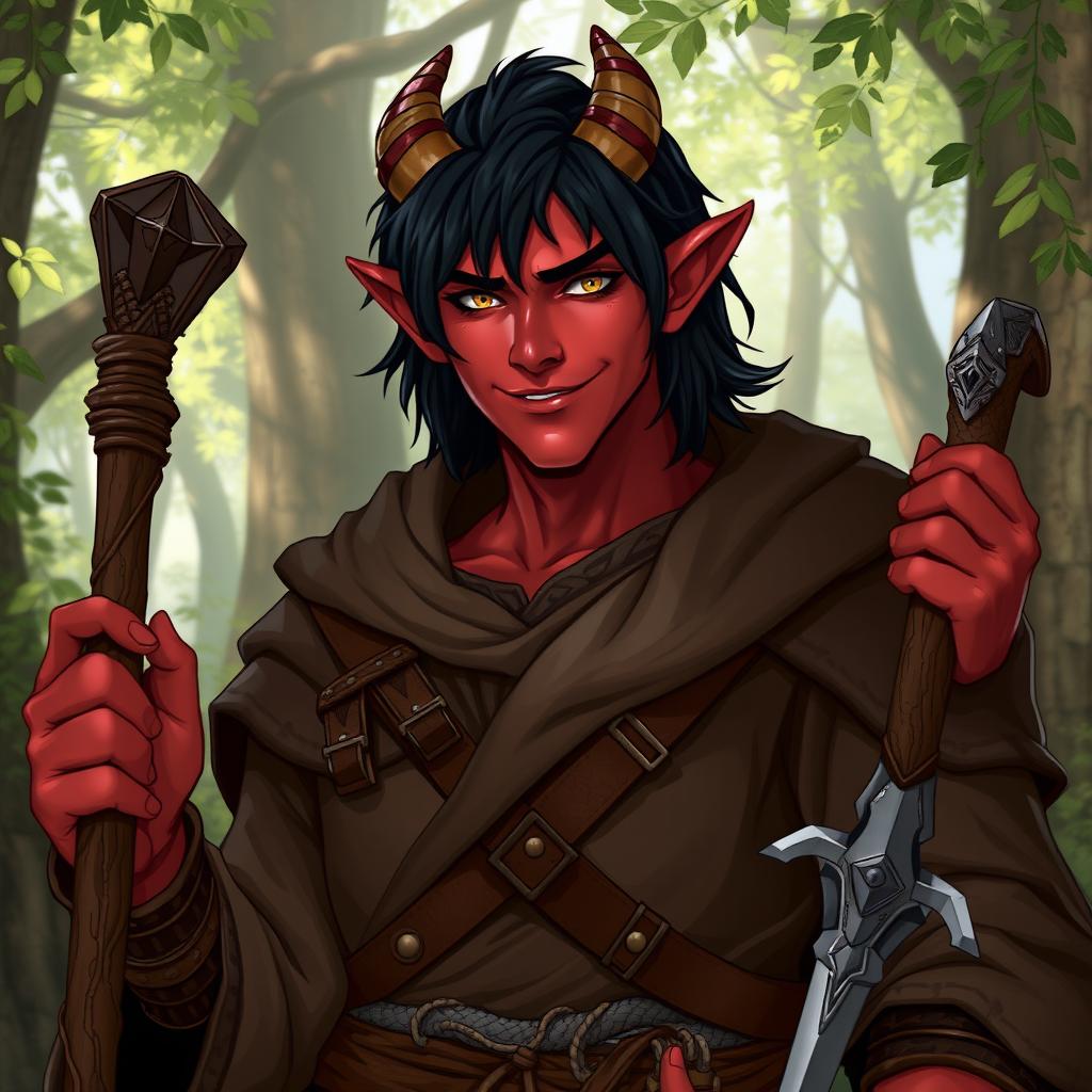 A charismatic male Tiefling druid character characterized by a cocky smile and small, elegant horns gracefully protruding from his medium-length black hair