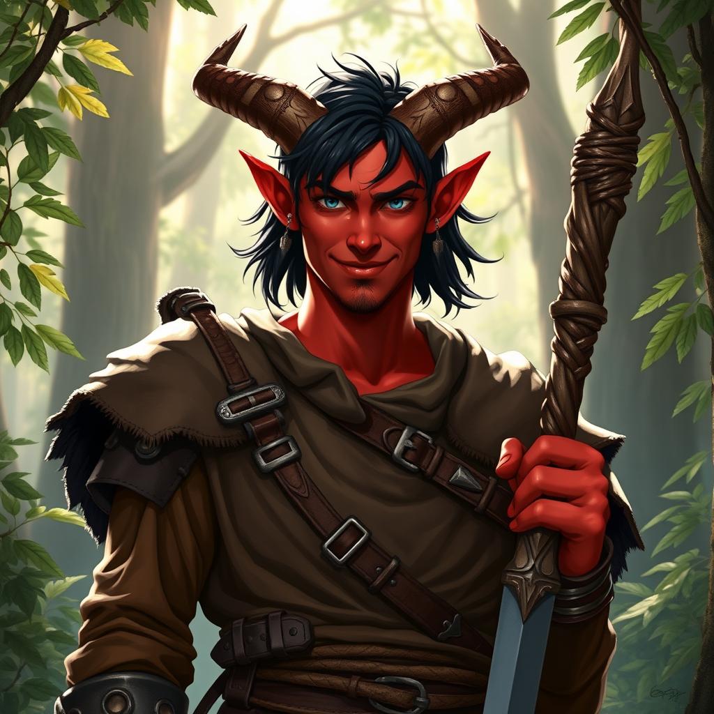 A confident male Tiefling druid character showcasing a cocky smile and small elegant horns atop his head