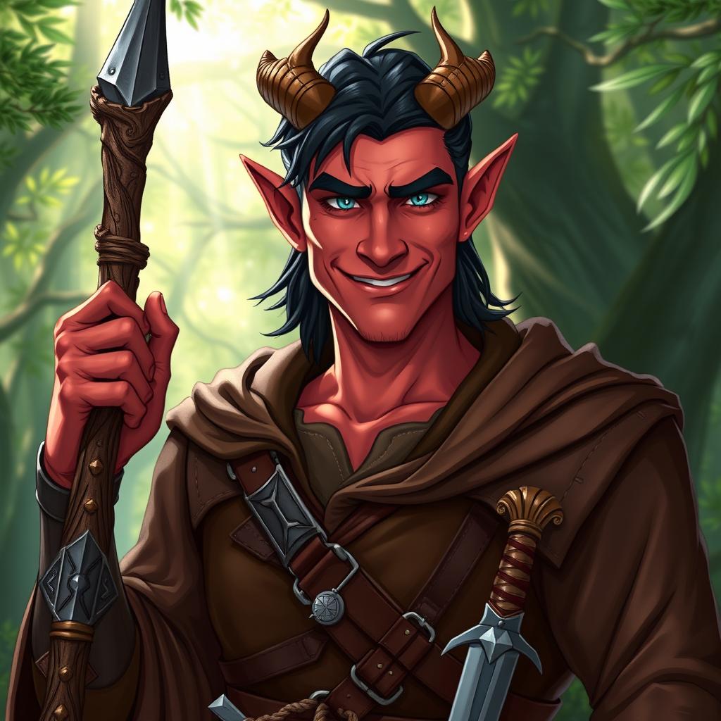 A confident male Tiefling druid character showcasing a cocky smile and small, stylish horns on his forehead