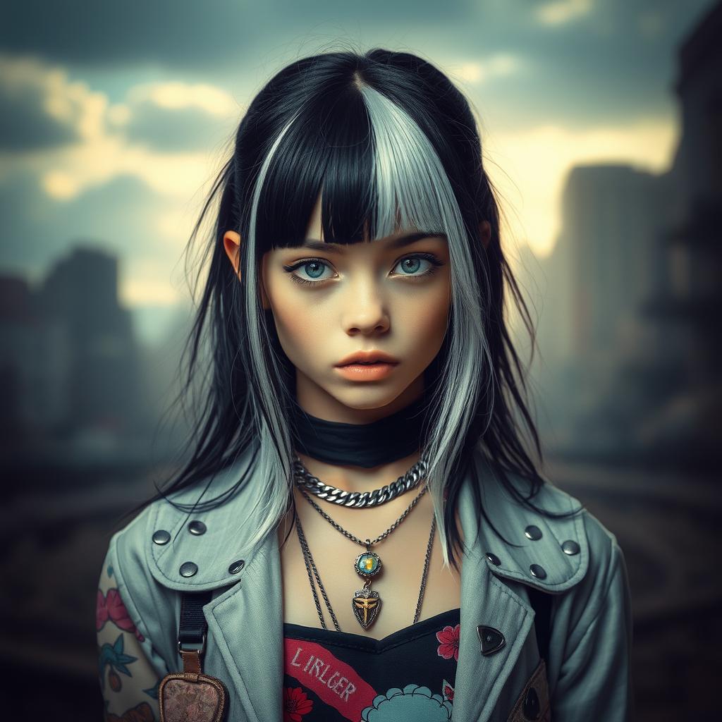 A beautiful girl with striking black and white hair showcasing her unique personality