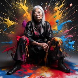 An older Asian model adorned in avant-garde black concept wear, seated atop a canvas splattered with a spectrum of vibrant paint.