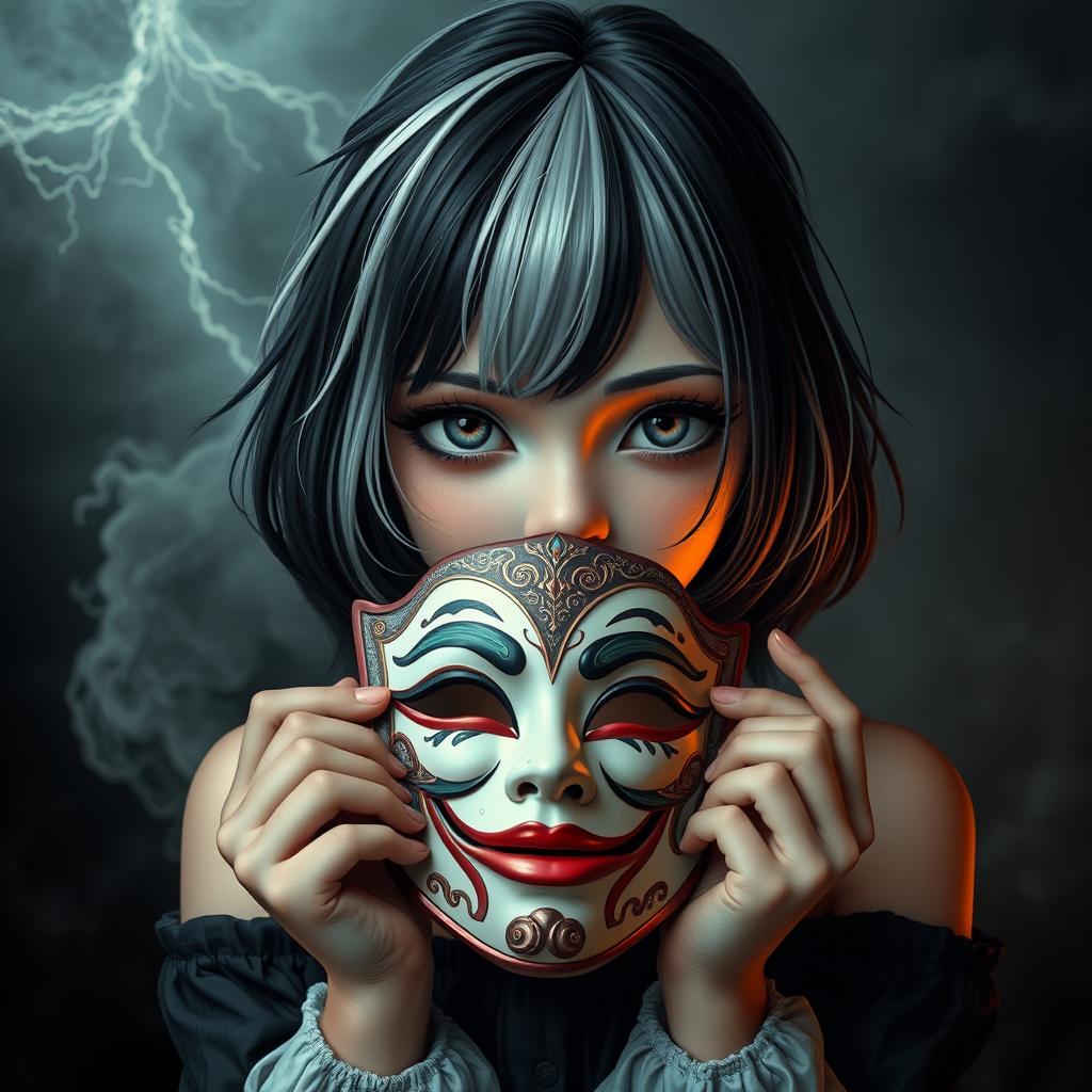 A girl with black and white hair depicting a personality disorder, holding a joy mask in her hands
