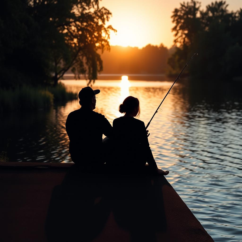 A tranquil scene depicting the silhouettes of a man and a woman sitting side by side on the edge of a dam