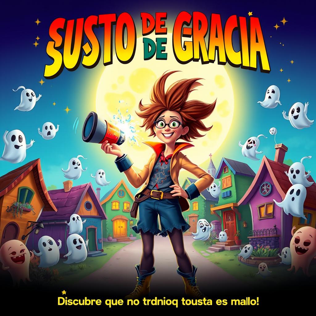A vibrant and comedic movie poster for the film titled 'SUSTO DE GRACIA'