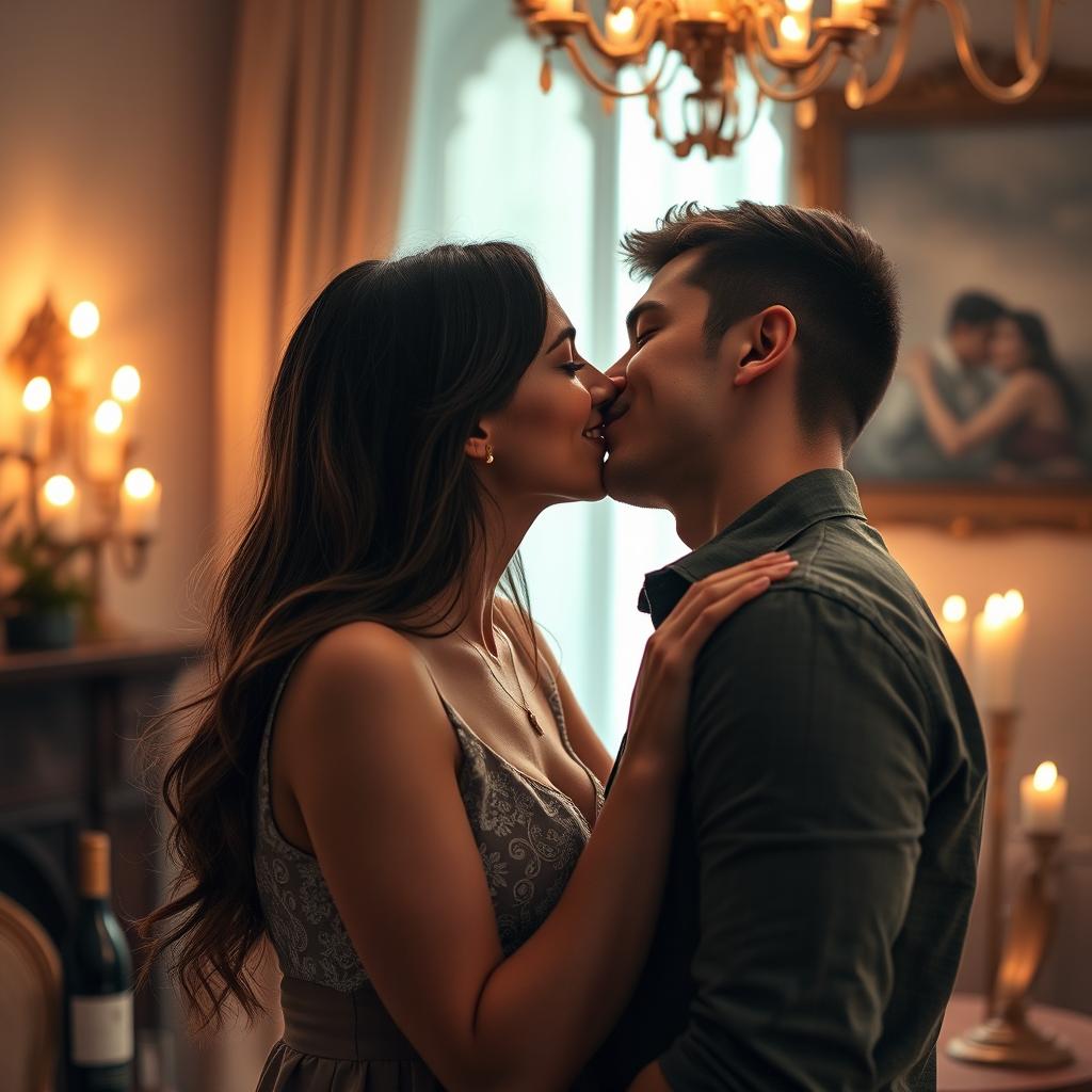 A romantic scene depicting a passionate kiss between a 45-year-old woman and a 20-year-old man