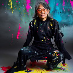 An older Asian model adorned in avant-garde black concept wear, seated atop a canvas splattered with a spectrum of vibrant paint.